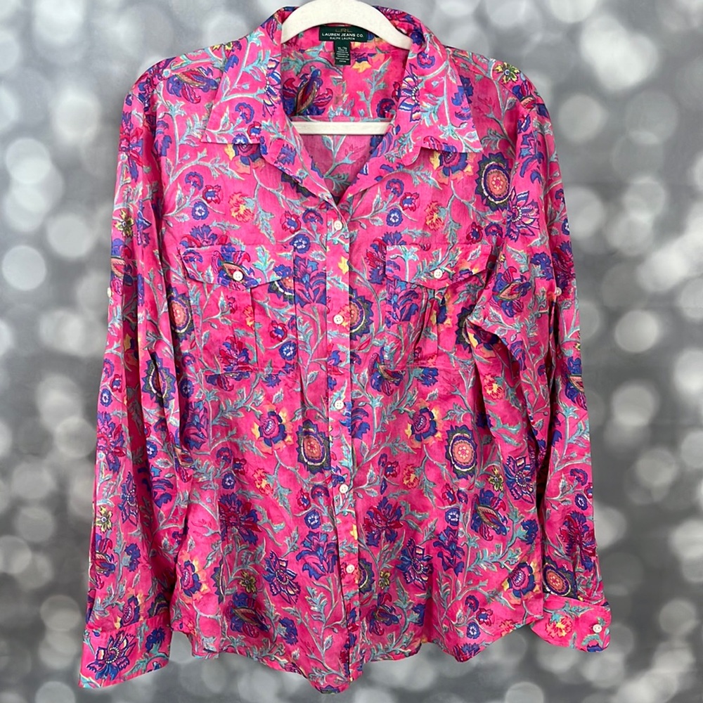 Ralph Lauren womens pink floral collared button down. Size XL